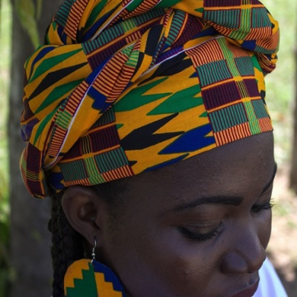Matching Kente Head Wrap and Earrings - Picture 2 of 8